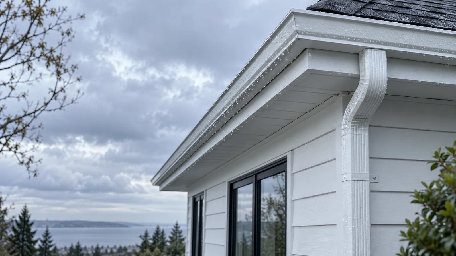 Residential roofline with a white gutter and downspout